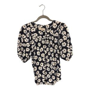 LOFT Navy and Cream Puff Sleeve Blouse with Peter Pan Collar